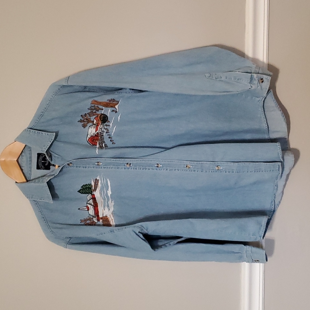 Vintage Solutions Button Down Embroidery Winter Scene Denim Shirt Size L